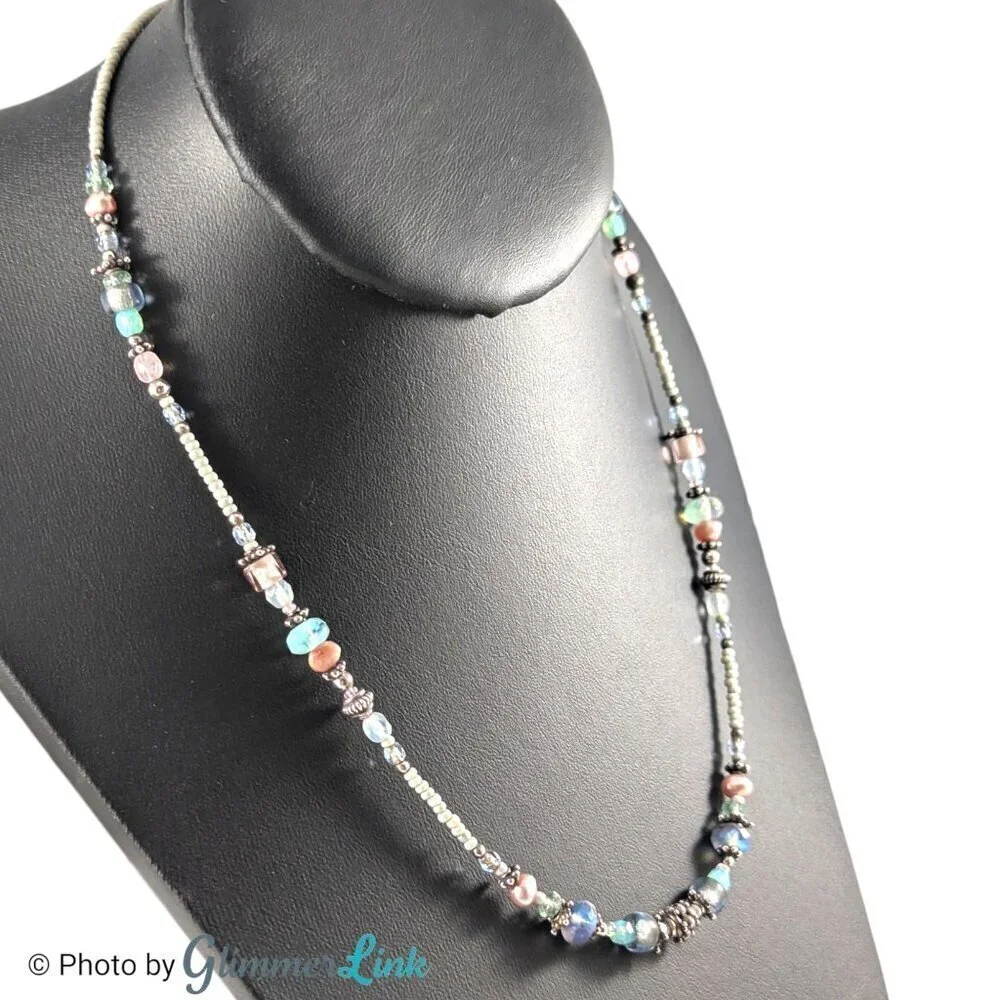 Sterling Multicolor Pastel Glass Pink Pearl Seed Bead Necklace